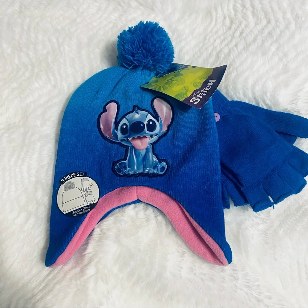 Disney Stitch Blue and Pink Kids Winter Hat and Gloves